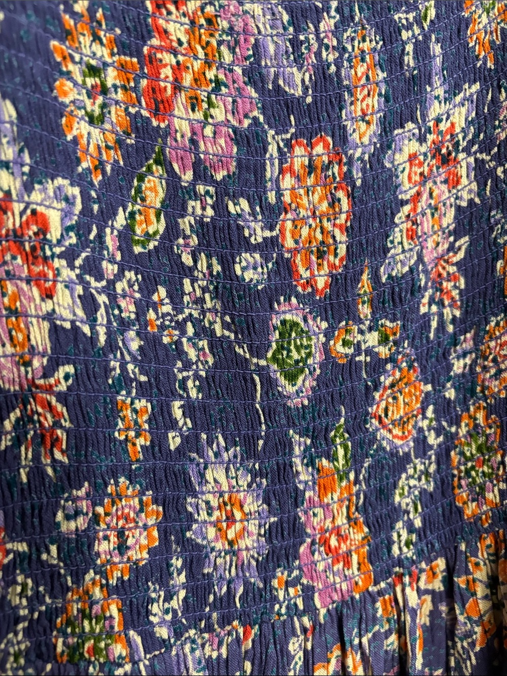 Angie Blue Floral Midi Dress with Orange & Green Accents- P2P:17, Length:42 - Picture 3 of 11
